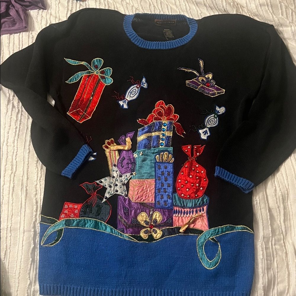 VTG 80s Medium Xmas Christmas Sweater Shoulder Pads Holiday M.P2P:23” L:29.5”